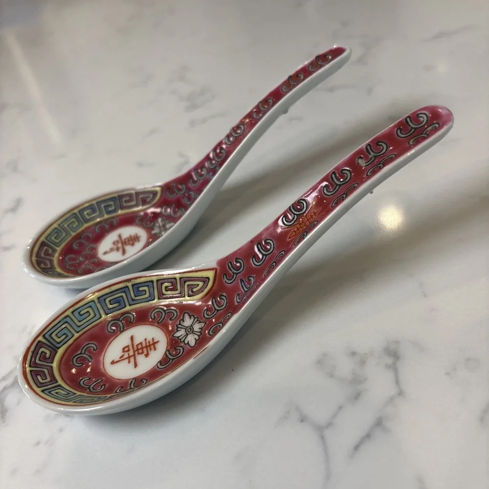 VTG Chinese Porcelain Spoons Geometric Designs‎ With Chinese Characters 5.5